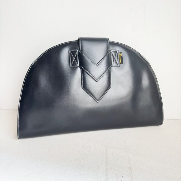 Vintage Paquetage Paris Large Black leather Oval Unique Clutch - Picture 1 of 8